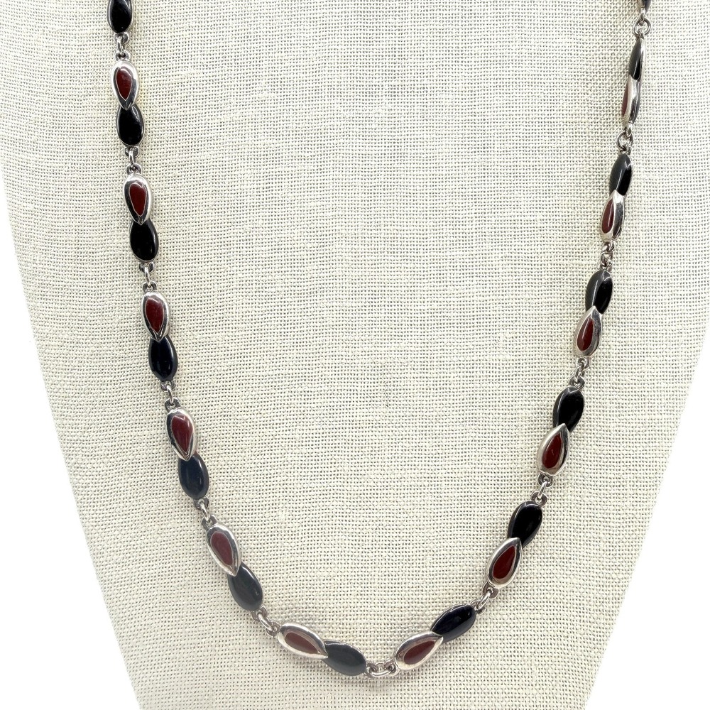 Vintage Silver Tone Link Necklace Enamel Black Maroon Red Marquise Chain Retro